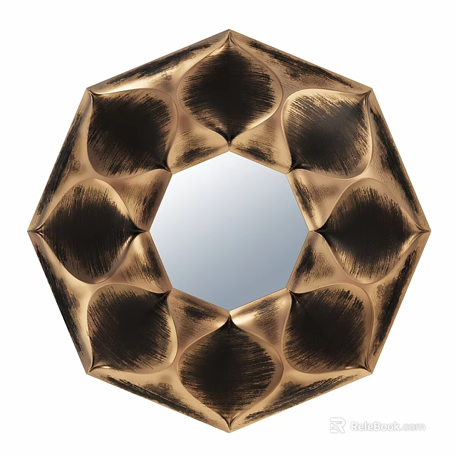 Octagonal Decorative Mirror With Gold Frame And Petal Shaped Geometric Design 3d model 