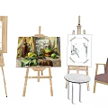 Art Supplies Setup With Multiple Easels Displaying Paintings In Studio With Chair And Table