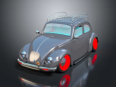 Vintage Gray Beetle Car With Red Wheels And Roof Rack Design 3d model