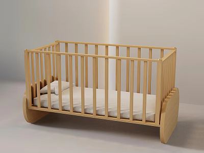 Light Wood Wooden Baby Crib With Safe Vertical Rails And White Mattress 3d model