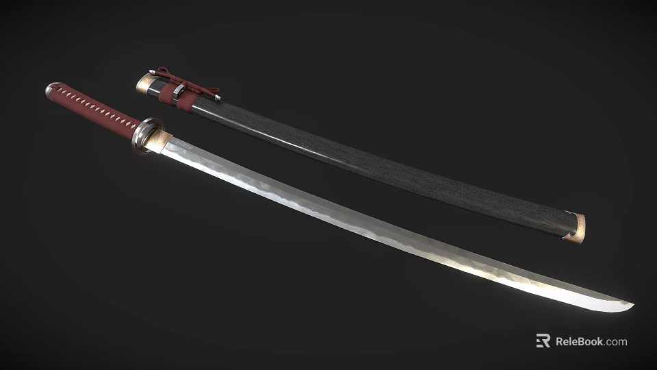 Man Displaying Traditional Japanese Swords With Red Handles And Silver Blades 3d model 