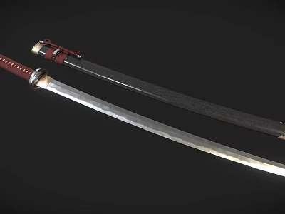 Man Displaying Traditional Japanese Swords With Red Handles And Silver Blades 3d model