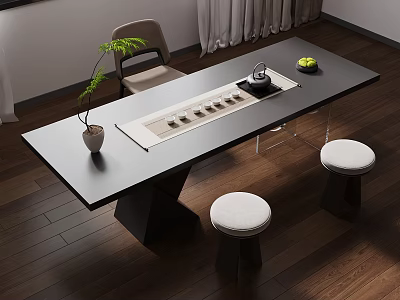 Modern Tea Table and Chairs Featuring Black Tabletop Tea Set Small Stools and Green Plant 3d model