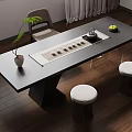 Modern Tea Table and Chairs Featuring Black Tabletop Tea Set Small Stools and Green Plant 3d model