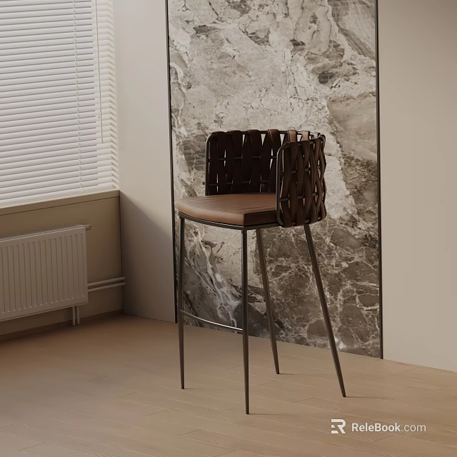 Modern Bar Stool With Woven Backrest Leather Seat And Metal Legs Against Marble Wall 3d model 