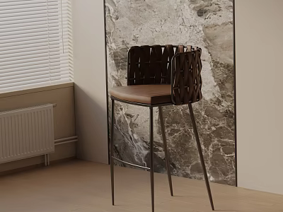 Modern Bar Stool With Woven Backrest Leather Seat And Metal Legs Against Marble Wall 3d model