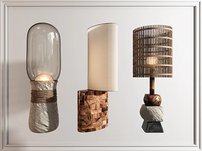 Modern Table Lamps With Glass Fabric Rattan Shades And Stone Wooden Bases 3d model