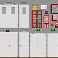 Fire Safety Equipment With White Cabinets And Red Emergency Tools On Wall