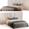 Modern Double Bed With Upholstered Headboard And Soft Gray Beige Bedding 3d model