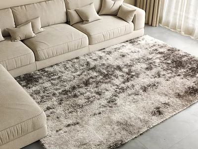 Beige Sofa With Multiple Cushions In Living Room Featuring Square Gray Brown Textured Rug 3d model