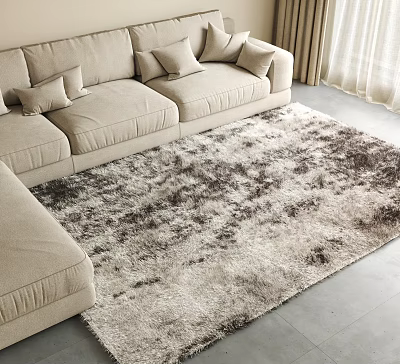 Beige Sofa With Multiple Cushions In Living Room Featuring Square Gray Brown Textured Rug 3d model