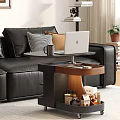 Modern Side Table with Storage Space by Black Leather Sofa Holding Books Mugs and Lamp