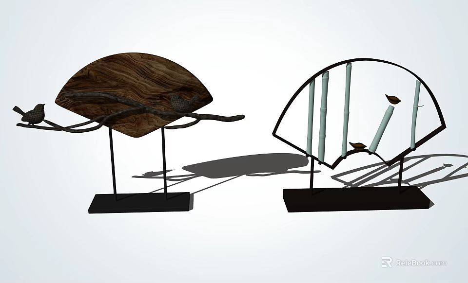 Decorative Ornament Set With Wooden Curved Semicircular Metal Frame Black Base Candle And Bird Accents 3d model 