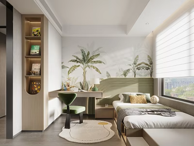 Modern Kids Room Interior With Palm Tree Mural Green Chair Desk Bookshelf And Window Bed 3d model