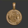 Golden Circular Pendant as Daily Life Accessory with Intricate Dragon Phoenix Carvings and Decorative Border