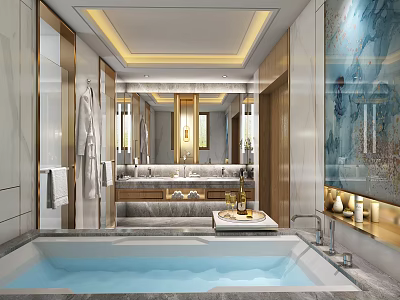 Luxury Elegant Marble Bathroom Interior With Embedded Bathtub And Stylish Double Sink Vanity Fixtures 3d model