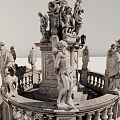 Elaborate Stone Sculpture Fountain with Multiple Figures and Decorative Pedestal Railing