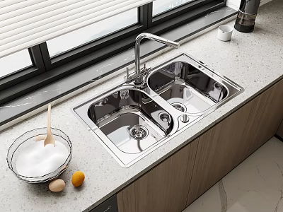 Stainless Steel Double Bowl Kitchen Sink On Modern Countertop With Faucet And Fresh Ingredients 3d model