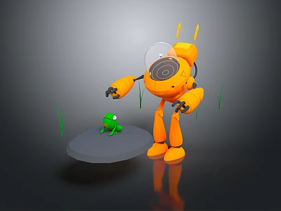 Game Movie Character Orange Robot With Yellow Antennas Transparent Head Mechanical Arms And Green Frog 3d model