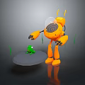 Game Movie Character Orange Robot With Yellow Antennas Transparent Head Mechanical Arms And Green Frog