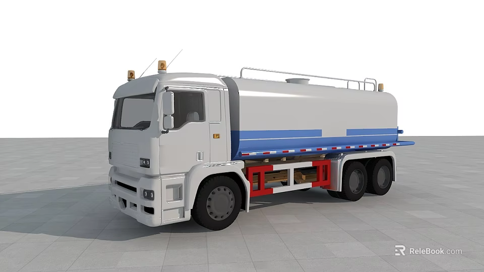 Industrial Liquid Transportation Tanker Truck With White Body Blue Stripe And Red Chassis 3d model 