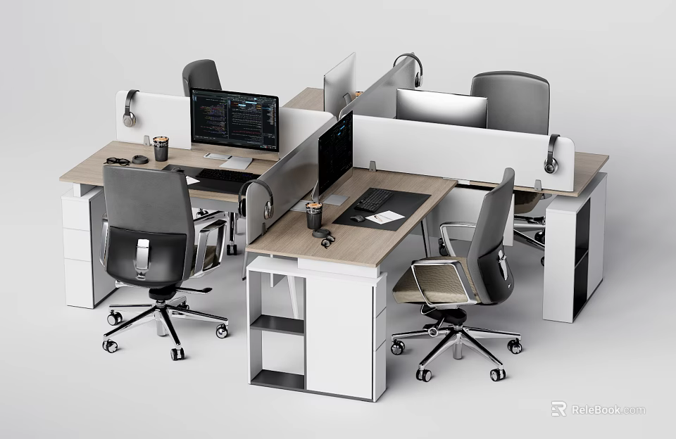 Light Colored Office Desk With Multiple Workstations Computer Wheeled Chair And Drawer Divider 3d model
