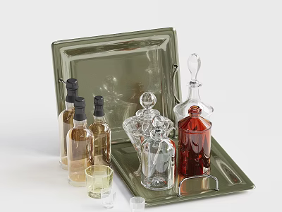 Decorative Ornaments Set with Green Tray Various Glass Bottles and Small Cups 3d model