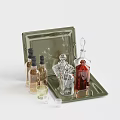 Decorative Ornaments Set with Green Tray Various Glass Bottles and Small Cups
