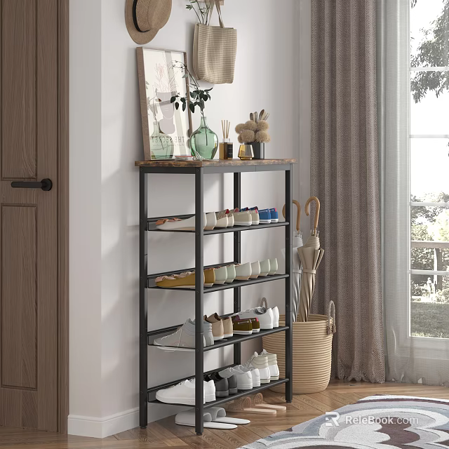 Modern Multi Tier Shoe Rack With Metal Frame Wooden Top And Decorative Items On Storage Shelves 3d model 