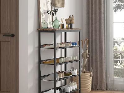 Modern Multi Tier Shoe Rack With Metal Frame Wooden Top And Decorative Items On Storage Shelves 3d model