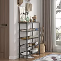 Modern Multi Tier Shoe Rack With Metal Frame Wooden Top And Decorative Items On Storage Shelves