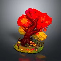 Autumn Tree With Red And Yellow Leaves Surrounded By Mushrooms And Fallen Leaves