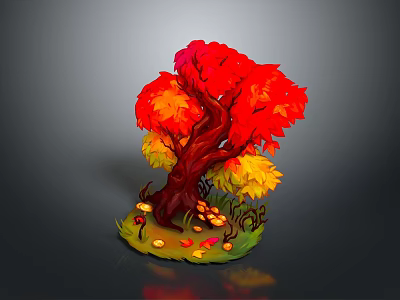 Autumn Tree With Red And Yellow Leaves Surrounded By Mushrooms And Fallen Leaves 3d model