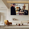 Modern Living And Dining Area With Large Screen TV Yellow Armchair And Wooden Decorations