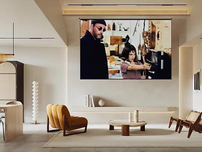 Modern Living And Dining Area With Large Screen TV Yellow Armchair And Wooden Decorations 3d model