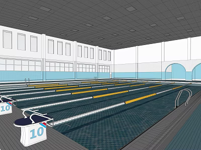 Indoor Swimming Pool With Yellow Lanes Starting Blocks And Large Windows 3d model
