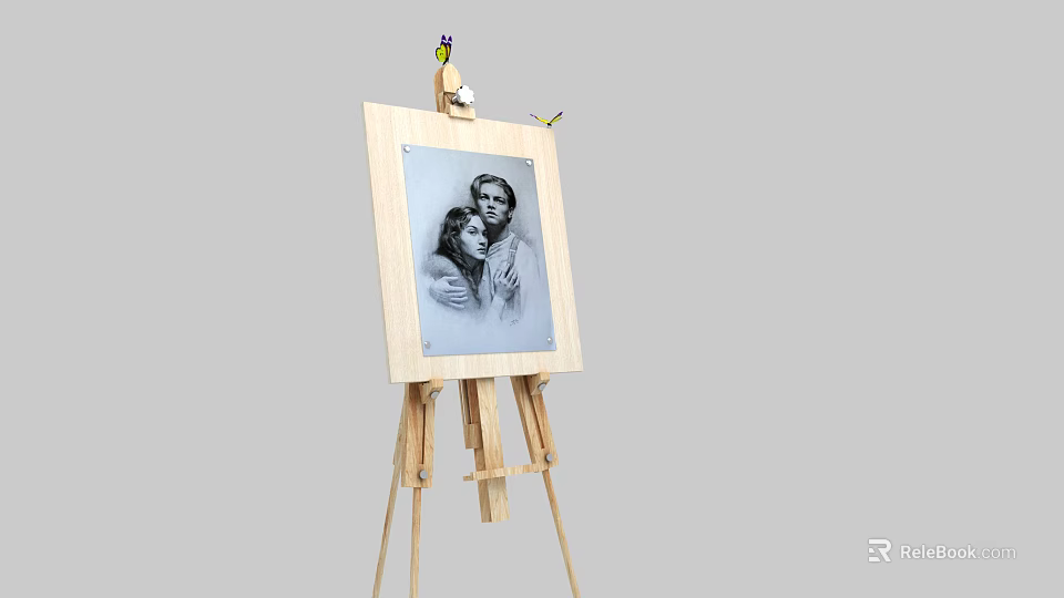 Wooden Easel Drawing Board With Portrait Painting Of Two Figures Artwork 3d model 
