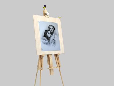 Wooden Easel Drawing Board With Portrait Painting Of Two Figures Artwork 3d model