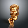 Shiny Golden Human Head Bust Statue With Expressive Facial Details
