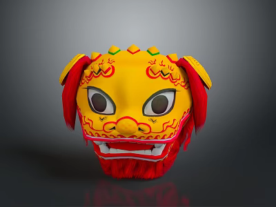 Yellow Lion Head With Red Mane Ornate Patterns And Big Expressive Eyes 3d model