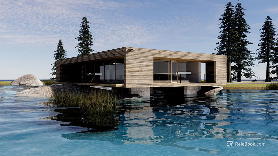 Wooden Waterfront House with Glass Windows Trees and Clear Water Reflection 3d model 