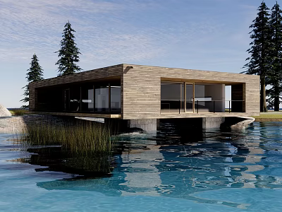 Wooden Waterfront House with Glass Windows Trees and Clear Water Reflection 3d model