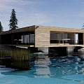 Wooden Waterfront House with Glass Windows Trees and Clear Water Reflection