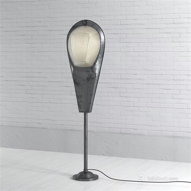 Modern Table Lamp With Round Mesh Lampshade And Metal Pole Against White Brick Wall 3d model 