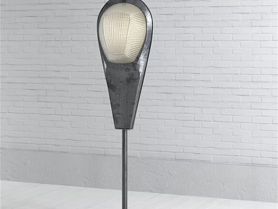 Modern Table Lamp With Round Mesh Lampshade And Metal Pole Against White Brick Wall 3d model