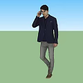 Stylish Man Wearing Navy Blue Blazer Gray Pants And Brown Shoes Talking