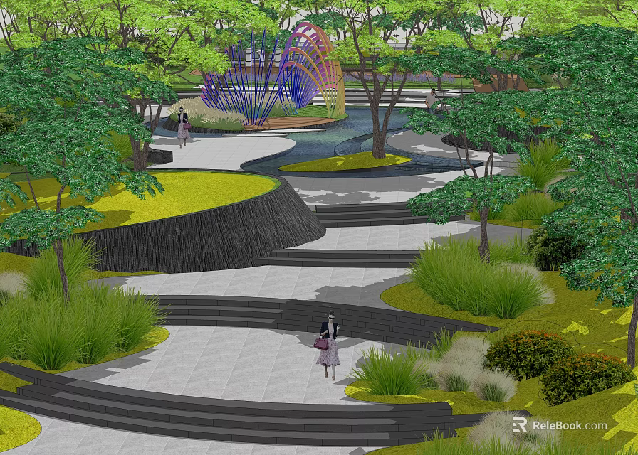 Garden Landscape Design With Colorful Structure Winding Paths Steps And Greenery 3d model