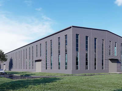Modern Gray Industrial Factory Building With Large Windows Metal Exterior Green Lawn And Blue Sky 3d model