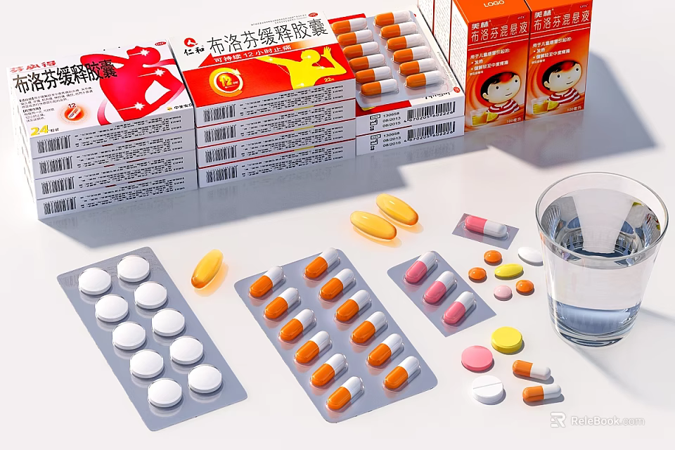 Medical Tablets and Capsules in Blister Packs with Medicine Boxes and Water Glass 3d model 