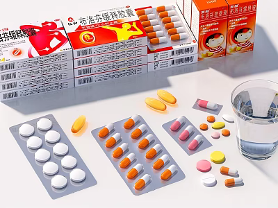 Medical Tablets and Capsules in Blister Packs with Medicine Boxes and Water Glass 3d model
